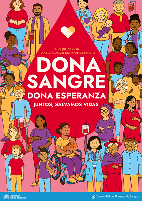 Día nacional del donante de sangre Diversas personas se reúnen en un fondo rojo, promoviendo la donación de sangre.