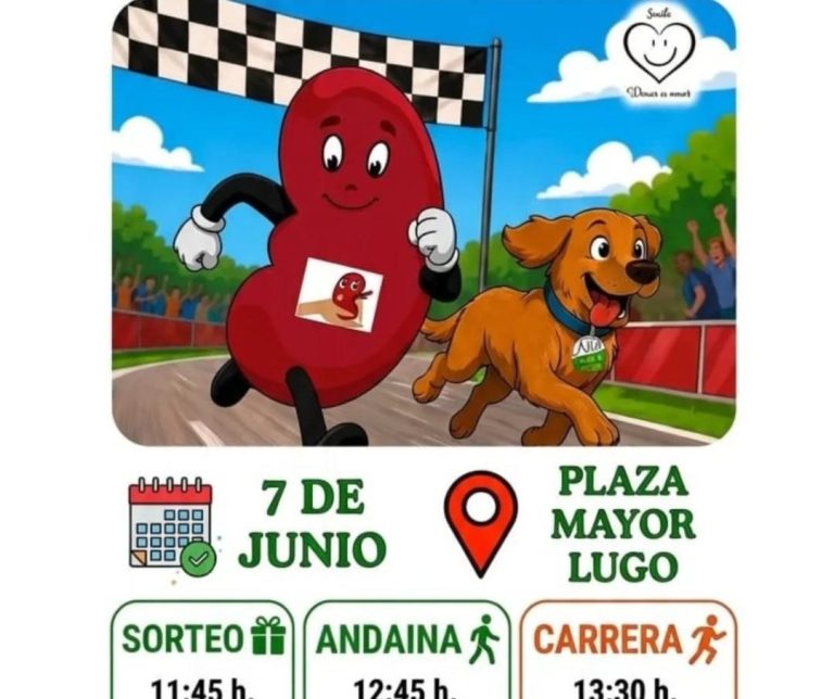 Encabezado de publicación rrss Cartel de la II Carrera Solidaria "Donar es Amar" en Lugo, con corredores y detalles del evento.