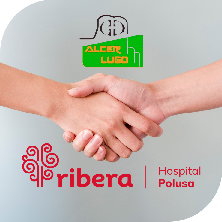 Convenio de Colaboración entre el Hospital Polusa y Alcer Lugo Dos manos estrechándose, logos de Alcer Lugo y Hospital Polusa de Ribera al fondo.
