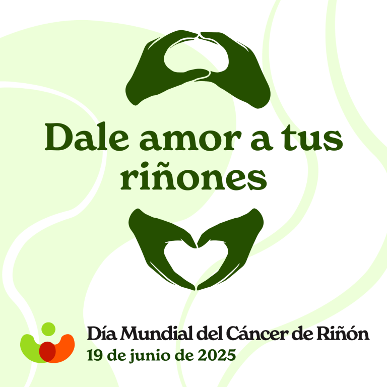 Día Mundial del Cáncer de Riñón Texto que invita a cuidar los riñones, con manos formando un corazón y detalles de campaña.
