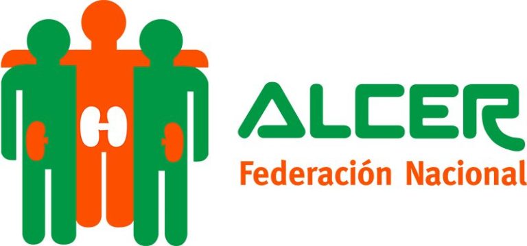 Logotipo de ALCER con tres figuras humanas en colores verde y naranja.