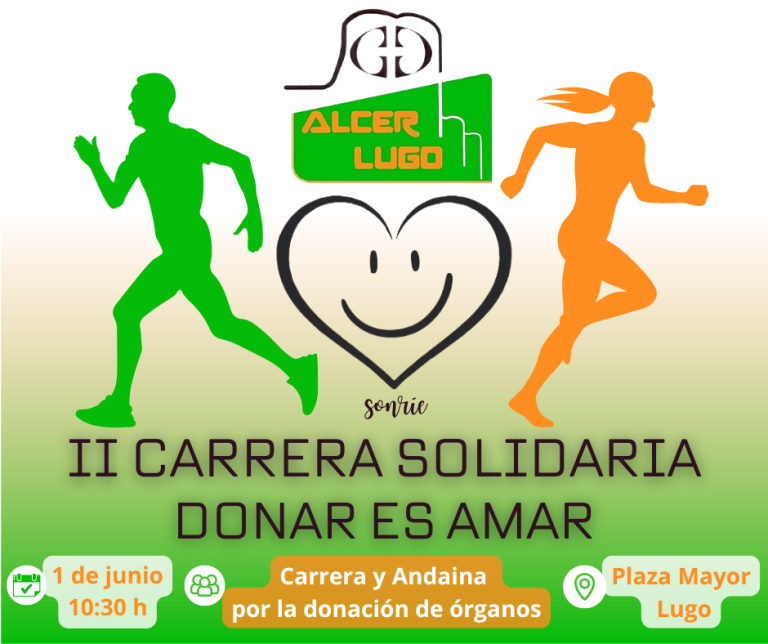 Encabezado de publicación rrss Cartel de la II Carrera Solidaria "Donar es Amar" en Lugo, con corredores y detalles del evento.