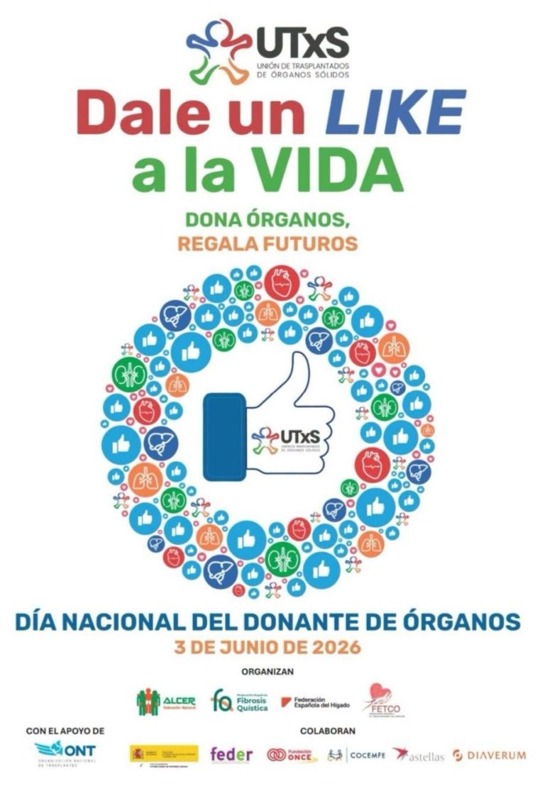 Día nacional del donante de órganos Cartel de Donación con manos de colores y el mapa de España en el fondo.