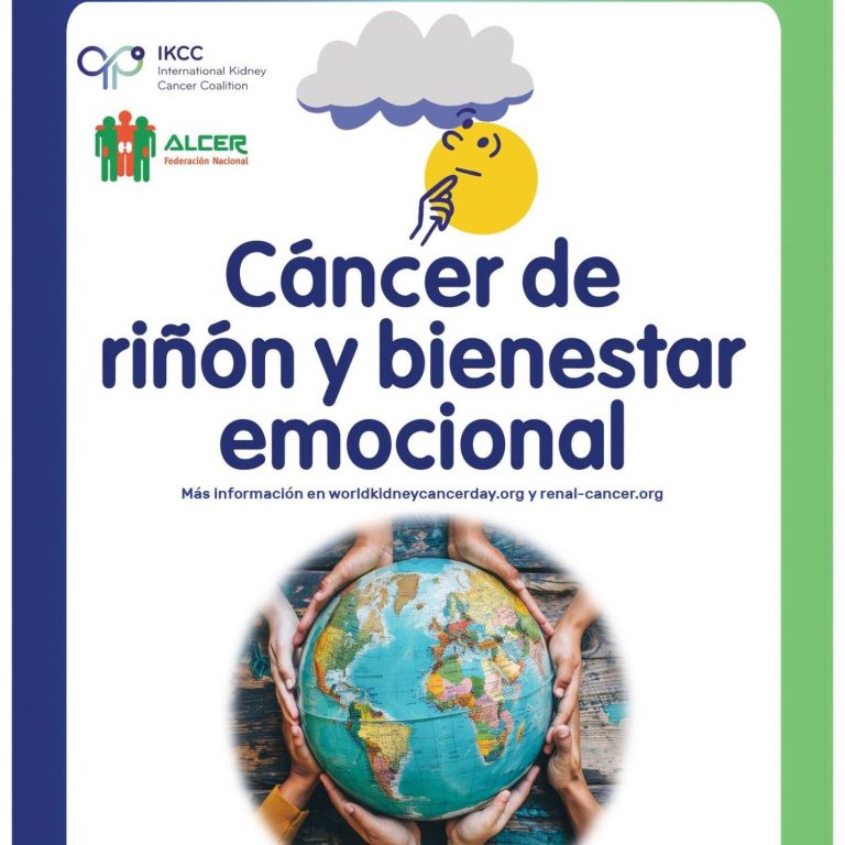 Día Mundial del Cáncer de Riñón Texto que invita a cuidar los riñones, con manos formando un corazón y detalles de campaña.