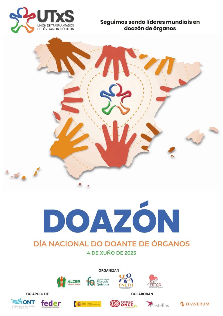 Día nacional del donante de órganos Cartel de Donación con manos de colores y el mapa de España en el fondo.